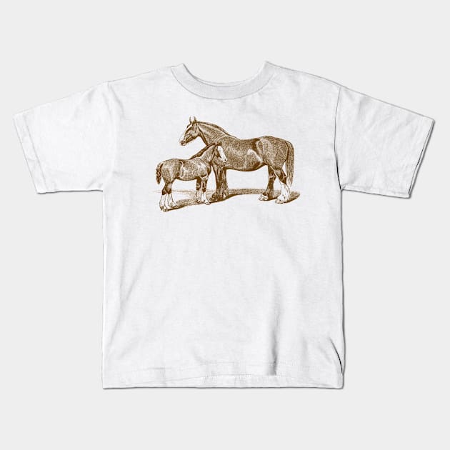 Mare and Foal. Brown Horse Illustration Kids T-Shirt by Biophilia